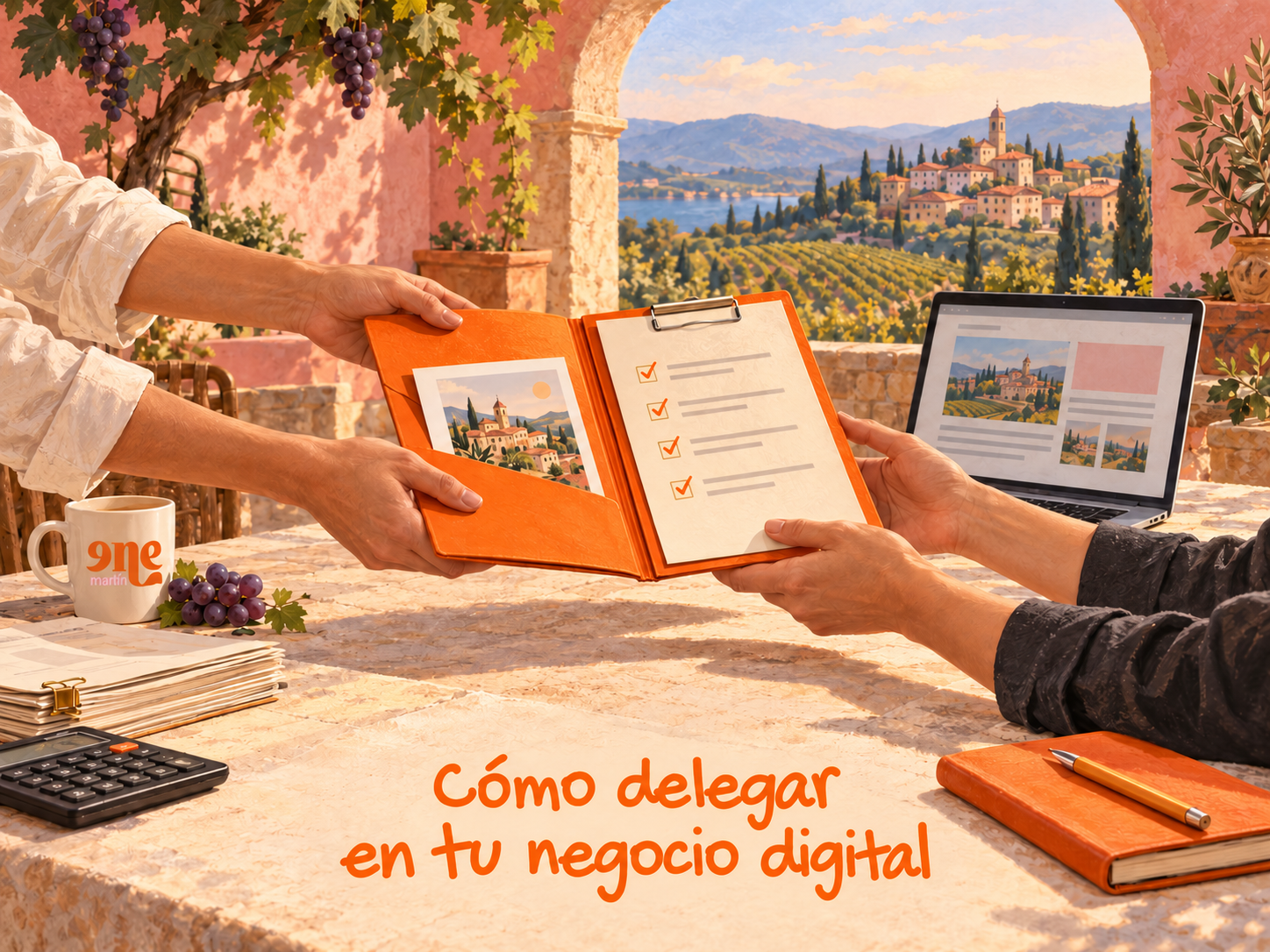 Dos personas se entregan una carpeta con una lista de tareas. Sobre la mesa hay una taza con el logo de Ene Martín. Texto: "Cómo delegar en tu negocio digital".