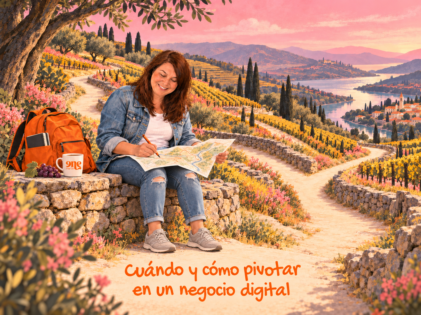 Ene Martín consulta un mapa junto a una bifurcación entre viñedos. Texto: "Cuándo y cómo pivotar en un negocio digital".