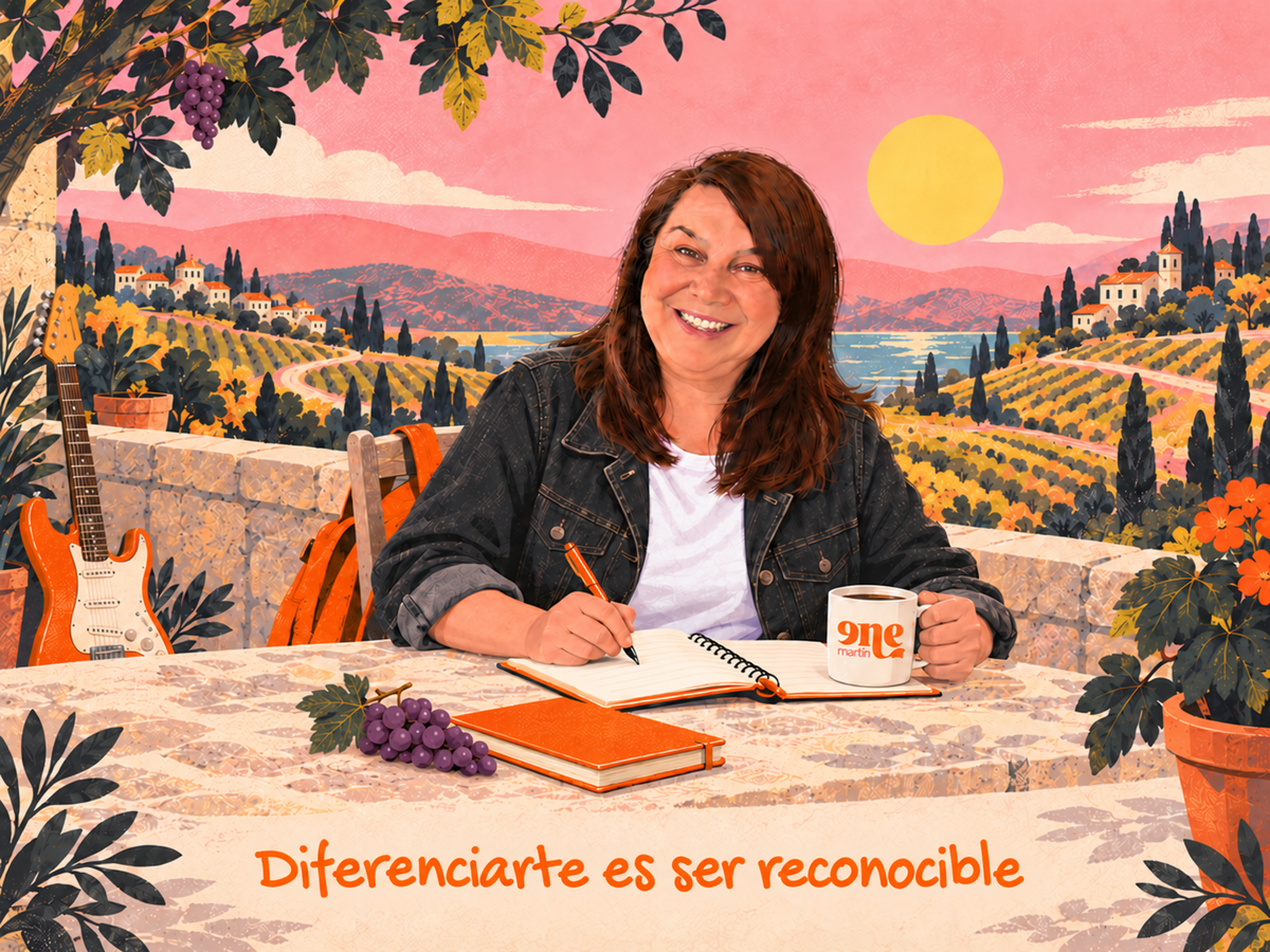 Ilustración de Ene Martín escribiendo en un cuaderno, junto a una taza con su logo y unas uvas moradas, ante un paisaje de viñedos. Texto: "Diferenciarte es ser reconocible".